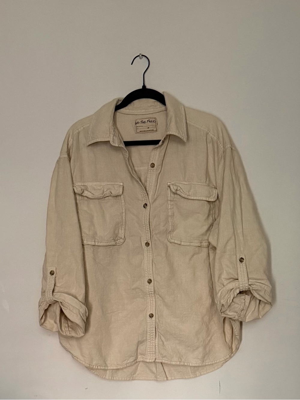 We The Free Beige/Cream Lightweight Button-Up Overshirt 53% Linen 47% Cotton